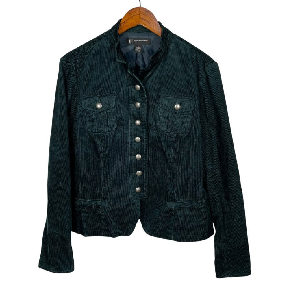 INC Petite Dark Green Corduroy Military Jacket Lined Cropped M - Picture 2 of 13